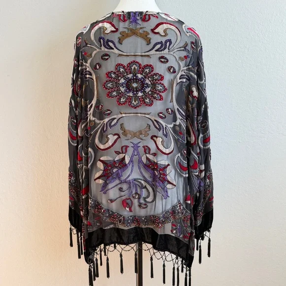 Vtg J.B.S. Silk Burnout Velvet Kimono Beaded Fringe Boho Whimsigoth - Picture 2 of 8